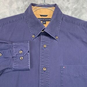 Tommy Hilfiger Button Down Shirt Mens L Navy Blue Long Sleeve Casual Cotton VTG